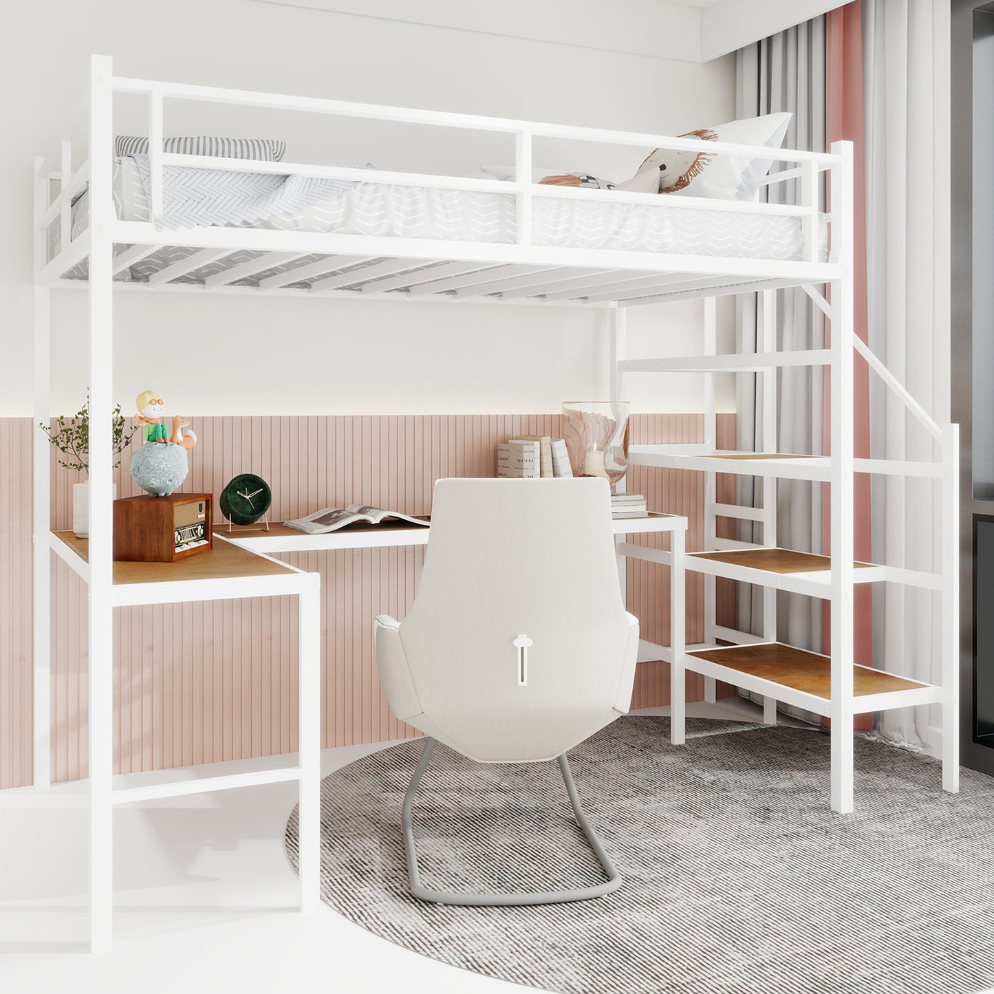 Twin Iron Loft Bed Frame with Desk - White for Bedroom