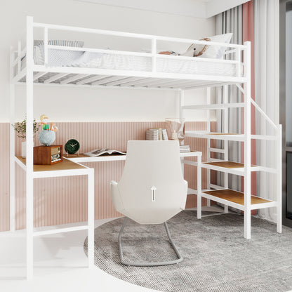 Twin Iron Loft Bed Frame with Desk - White for Bedroom