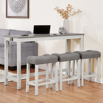 4 Piece Bar Table Set with Power Outlet,Bar Table Set with Chairs,Sofa Bar Table with Stools,Behind Couch Table with 3 Padded Stools,for Living Room,Dining room, White & Grey
