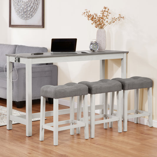 4 Piece Bar Table Set with Power Outlet,Bar Table Set with Chairs,Sofa Bar Table with Stools,Behind Couch Table with 3 Padded Stools,for Living Room,Dining room, White & Grey
