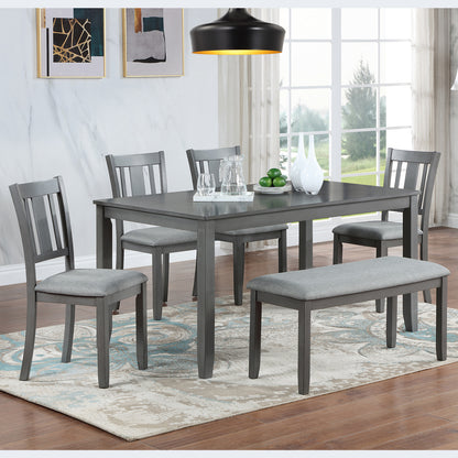 6 Piece Kitchen Dining Set, Rectangular Wooden Dining Table with 4 Upholstered Chairs and a Bench, Dining Table Set for 6 People, Living Room, Home Bar and Kitchen, Gray
