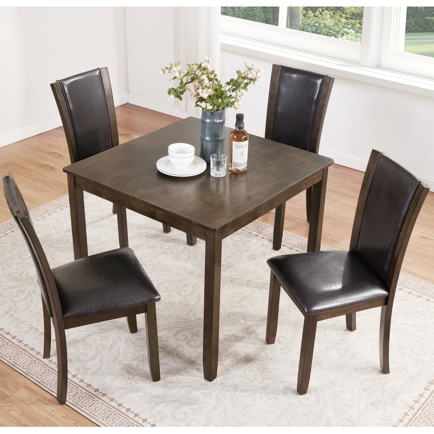 5-Piece Dining Table Set with Chairs, Wooden dining table set for 4 people, Farmhouse Rustic Style 4 Person Dining Table Set for Dining Room, Kitchen, Dark Walnut