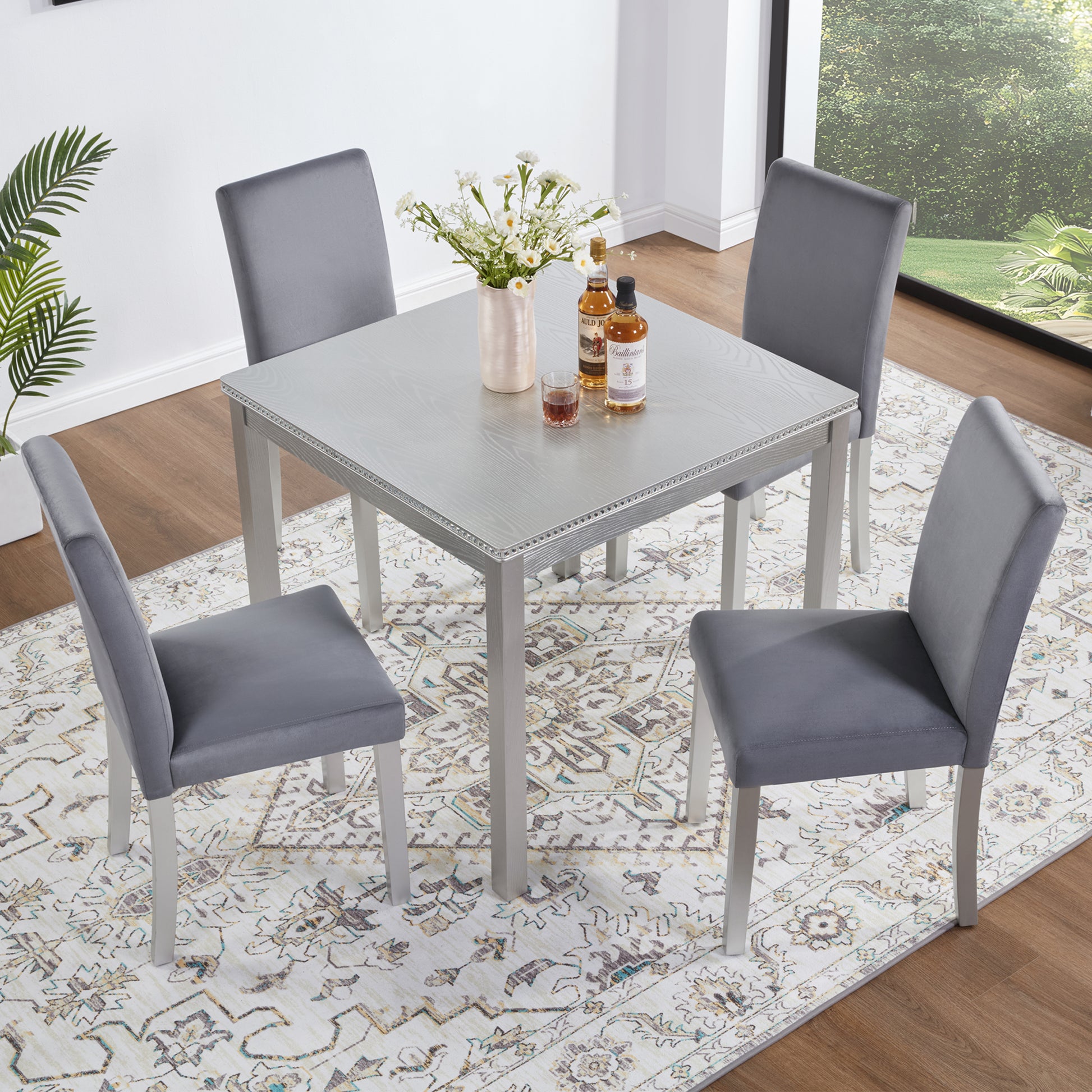 5 Piece Wooden Dining Table Set, Kitchen Table Set with a Square Table and 4 Upholstered Chairs, Wooden Dining Room Table with Crystal Decoration and Chairs Set for Kitchen, Dining Room, Silver grey