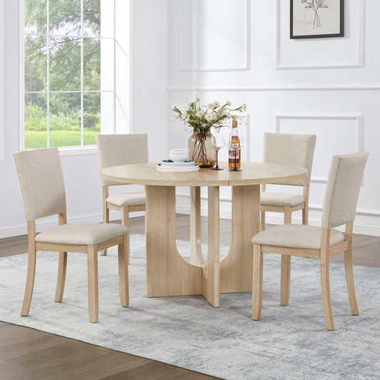 47.3" Round Dining Set with 4 Upholstered Dining Chairs, Modern Round Dining Table Set for 4, 5-Piece Round Dining Table Set for Living Room, Kitchen, Light Oak & Beige