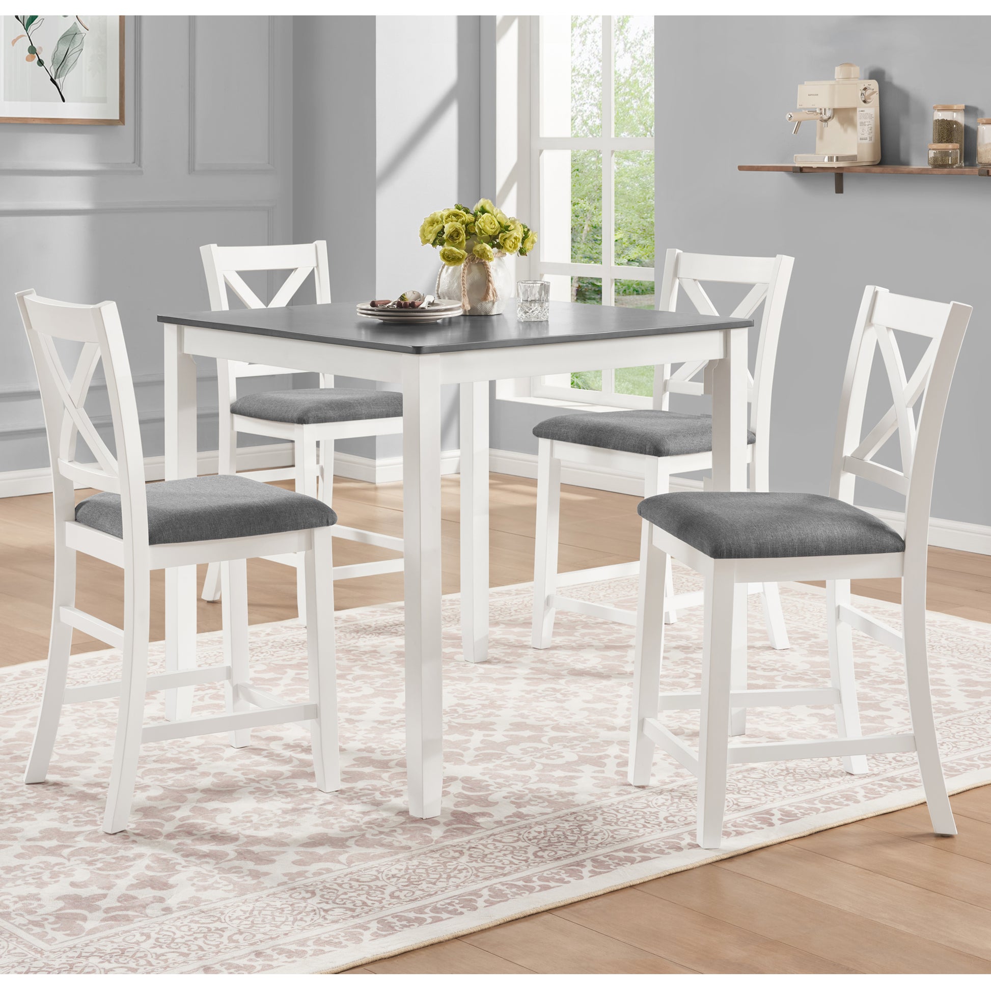 5-Piece Counter Height Dining Table Set with 4 Chairs, Classic Wooden Dining Table Set for 4, Modern and Simple Design 4-Person Dining Table Set for Small Place, Kitchen, Dining Room, Grey & White