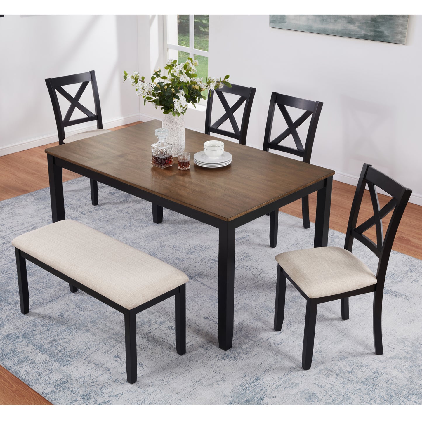 Black Oak Dining Set with Bench for Kitchen or Dining Room Storage