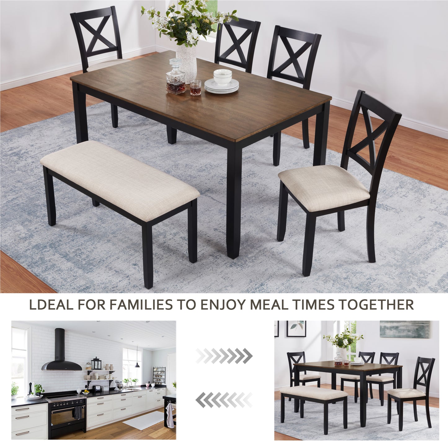 Black Oak Dining Set with Bench for Kitchen or Dining Room Storage