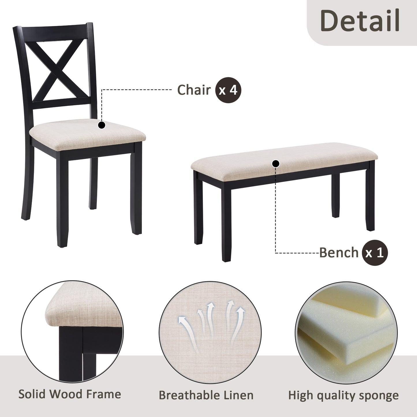 Black Oak Dining Set with Bench for Kitchen or Dining Room Storage