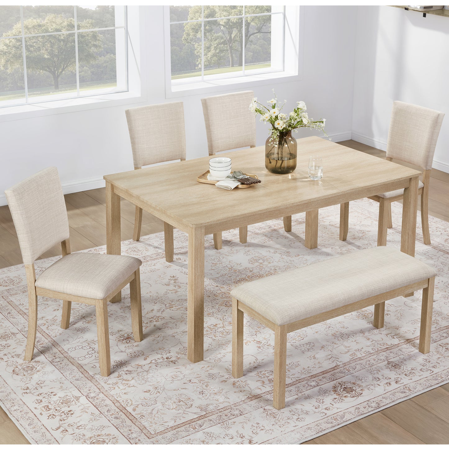 Light Oak Dining Table Set with Bench and 4 Chairs for Kitchen