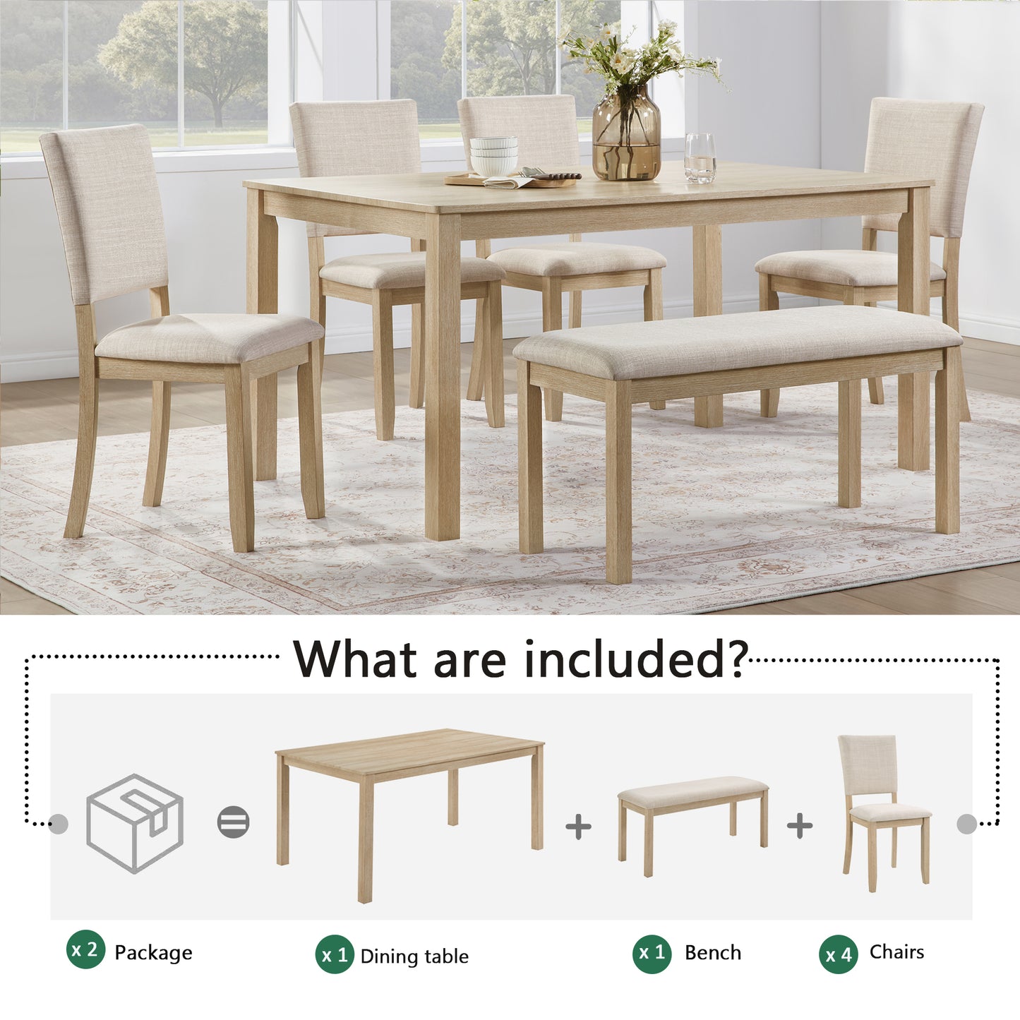Light Oak Dining Table Set with Bench and 4 Chairs for Kitchen