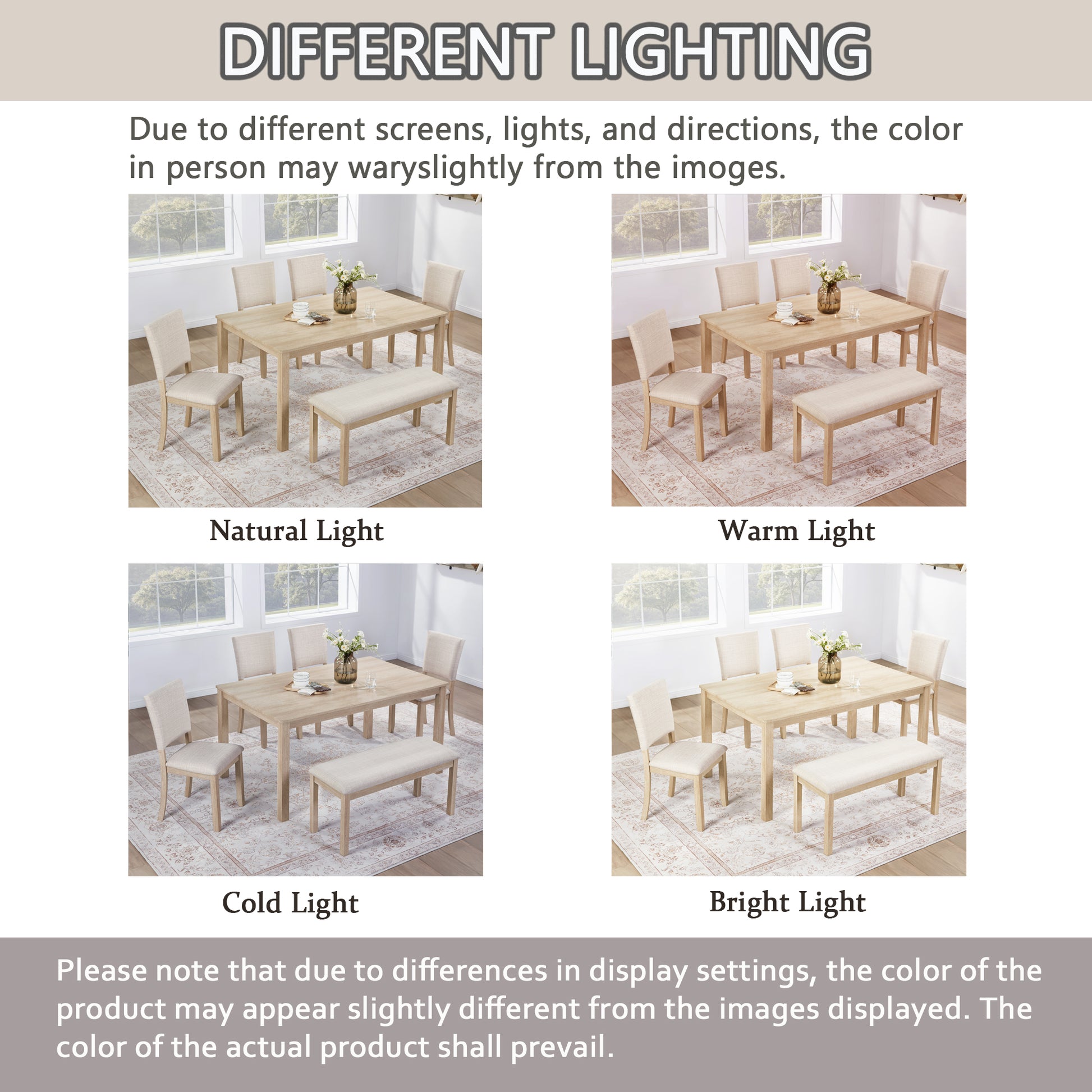 Light Oak Dining Table Set with Bench and 4 Chairs for Kitchen