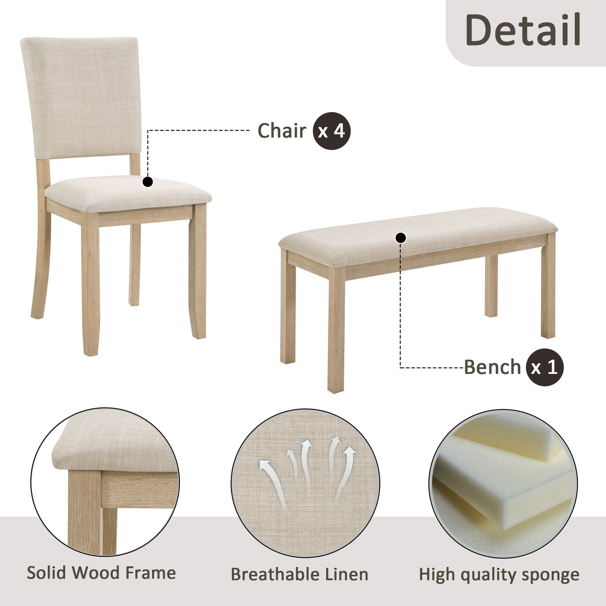 Light Oak Dining Table Set with Bench and 4 Chairs for Kitchen