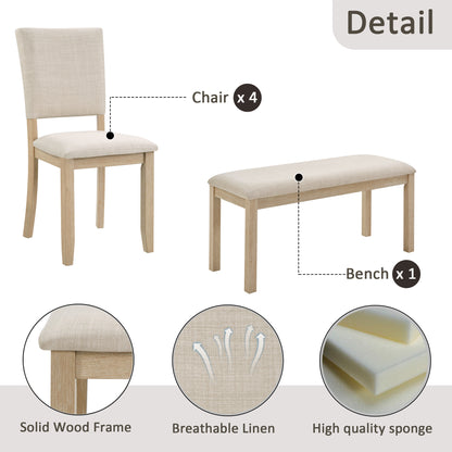 Light Oak Dining Table Set with Bench and 4 Chairs for Kitchen