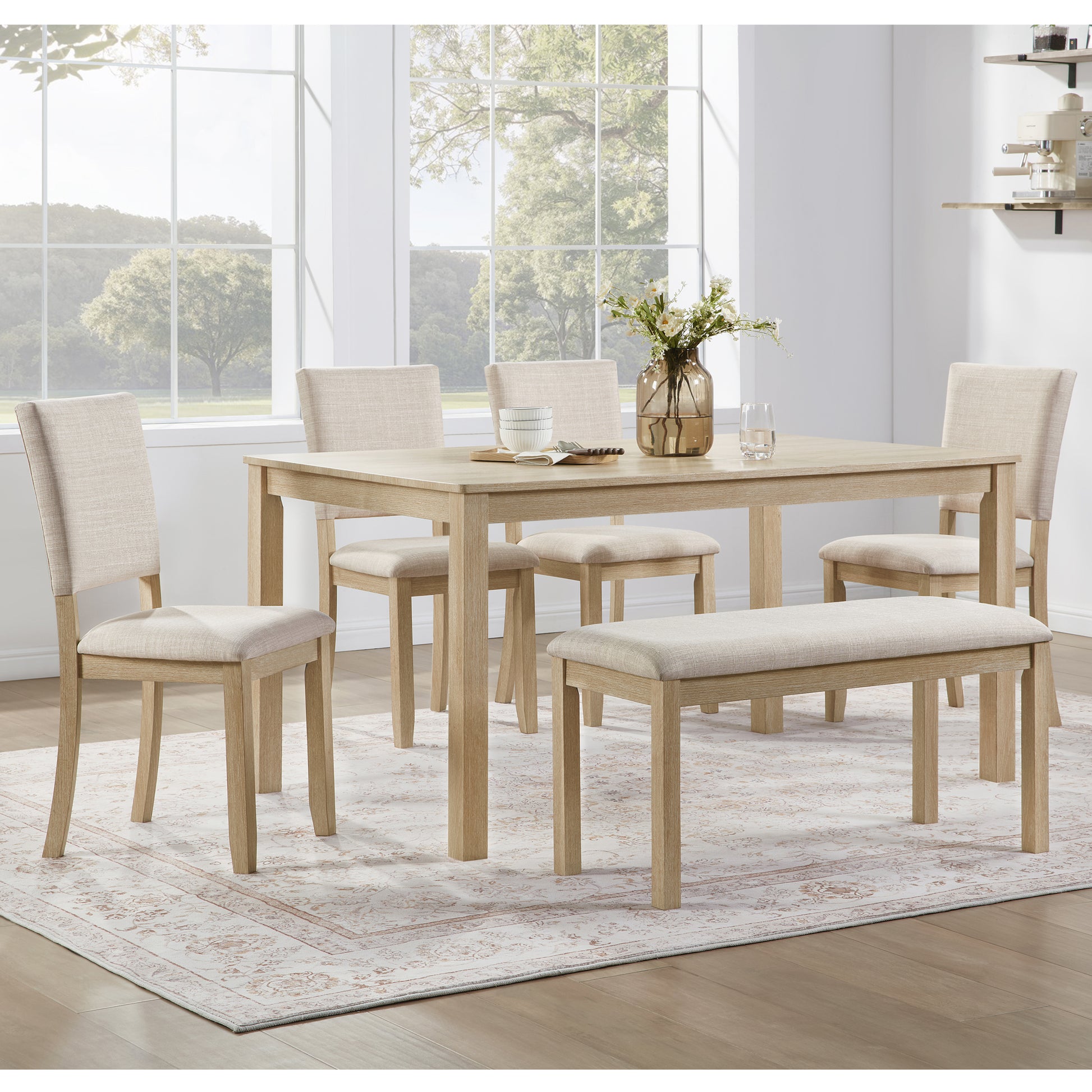 6 Piece Dining Table Set with Bench, Wooden Rectangular Kitchen Table Set with Bench and 4 Upholstered Chairs for Living Room, Kitchen, Dining Room, Light Oak & Beige