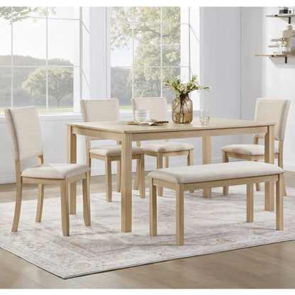 6 Piece Dining Table Set with Bench, Wooden Rectangular Kitchen Table Set with Bench and 4 Upholstered Chairs for Living Room, Kitchen, Dining Room, Light Oak & Beige