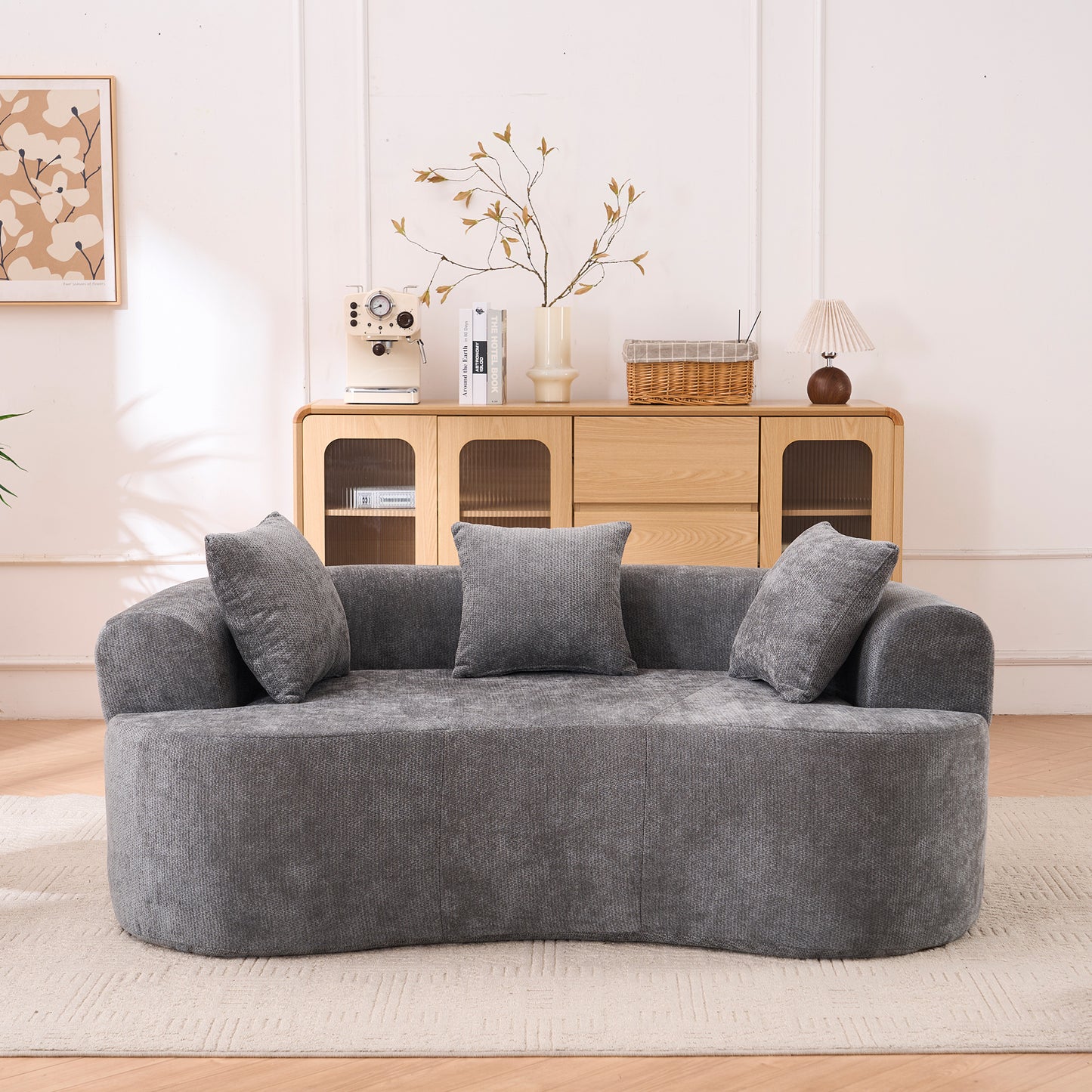 Crescent-shaped sofa, modern low-back design with deep cushions, self-inflating foam-filled large two-seater sofa requiring no assembly.(grey chenille fabric)