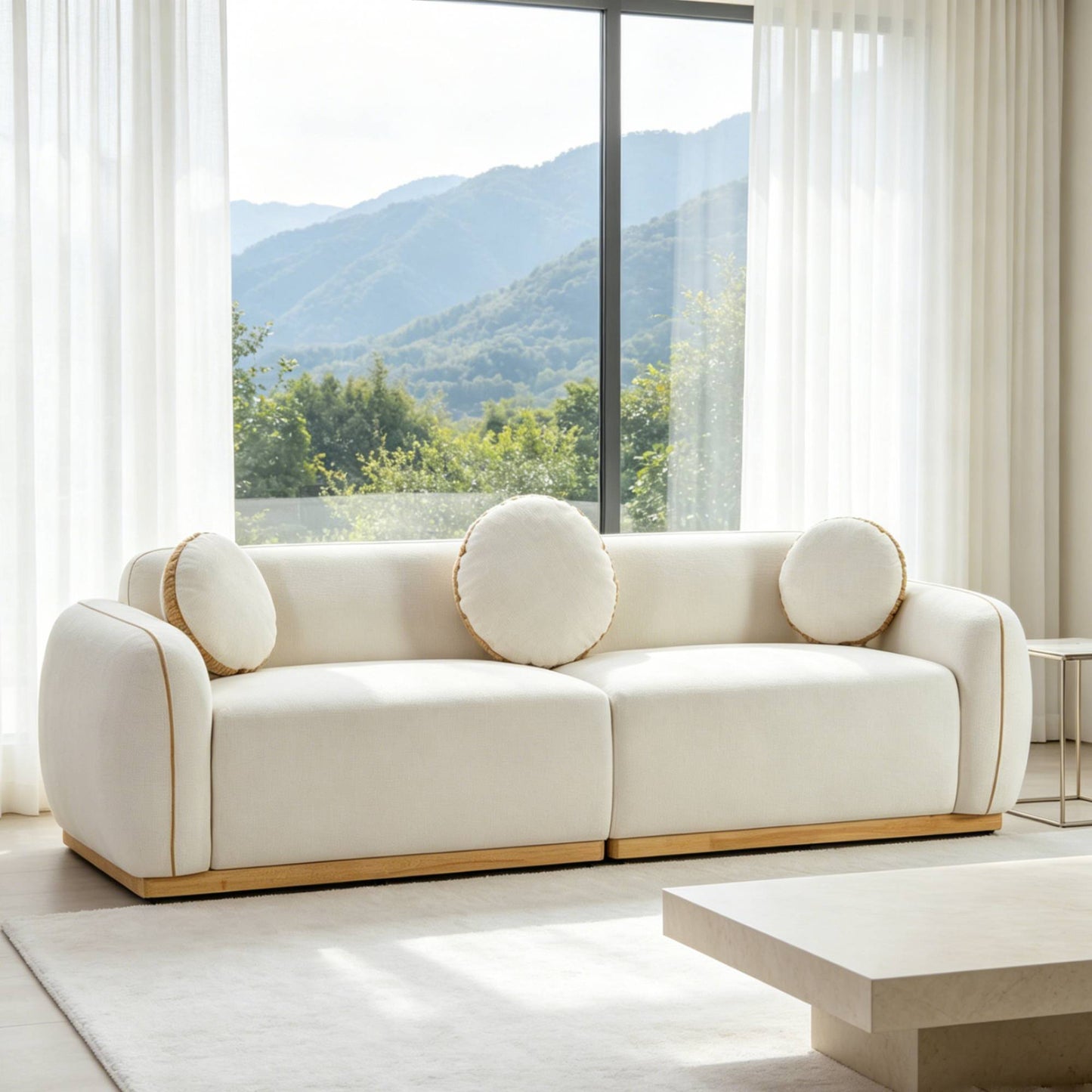 3 Seat Beige White Chenille Sofa - Living Room Accent