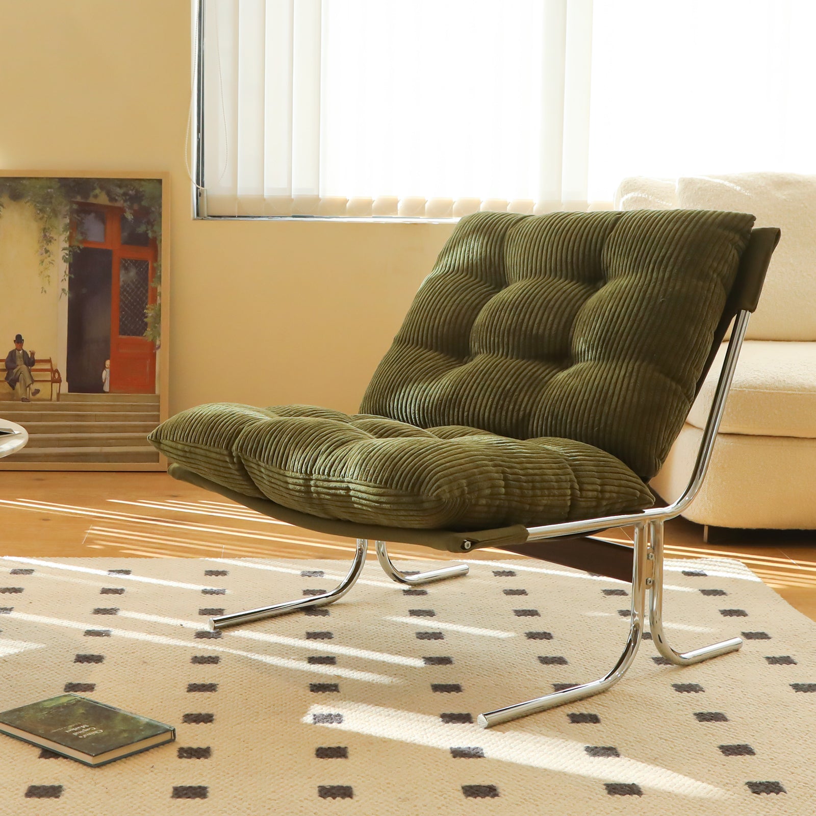 Modern Accent Chair, Comfy Living Room Chair with Metal Chrom Frame, Upholstered Soft Cushion Sofa Chairs for Home Office,Bedroom,Dining Room (Green-1pc)