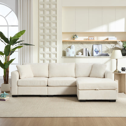 Modern Storage Sofa - Beige, 4-Seat Ottoman