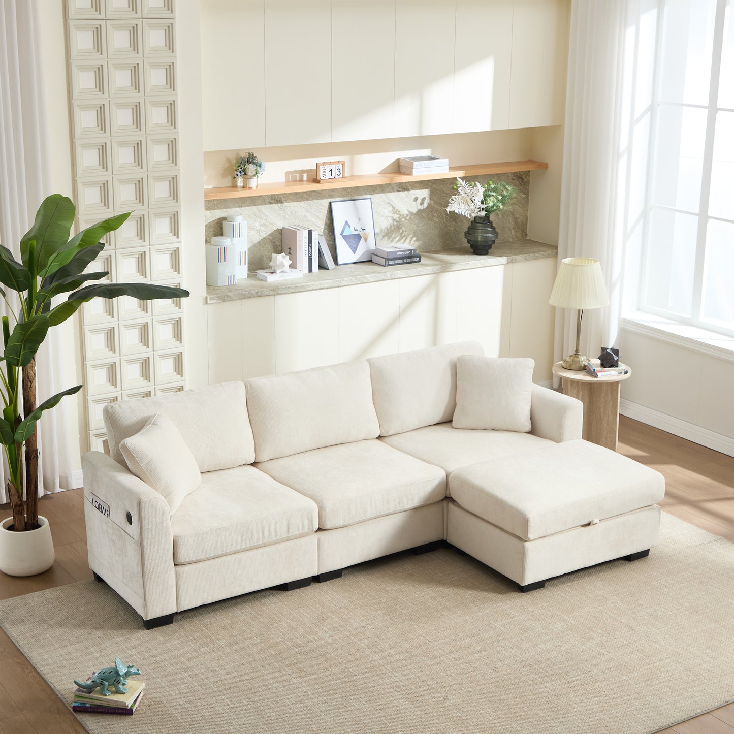 Modern Storage Sofa - Beige, 4-Seat Ottoman