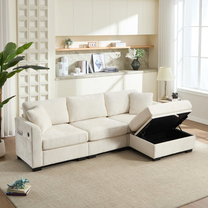 Modern Storage Sofa - Beige, 4-Seat Ottoman