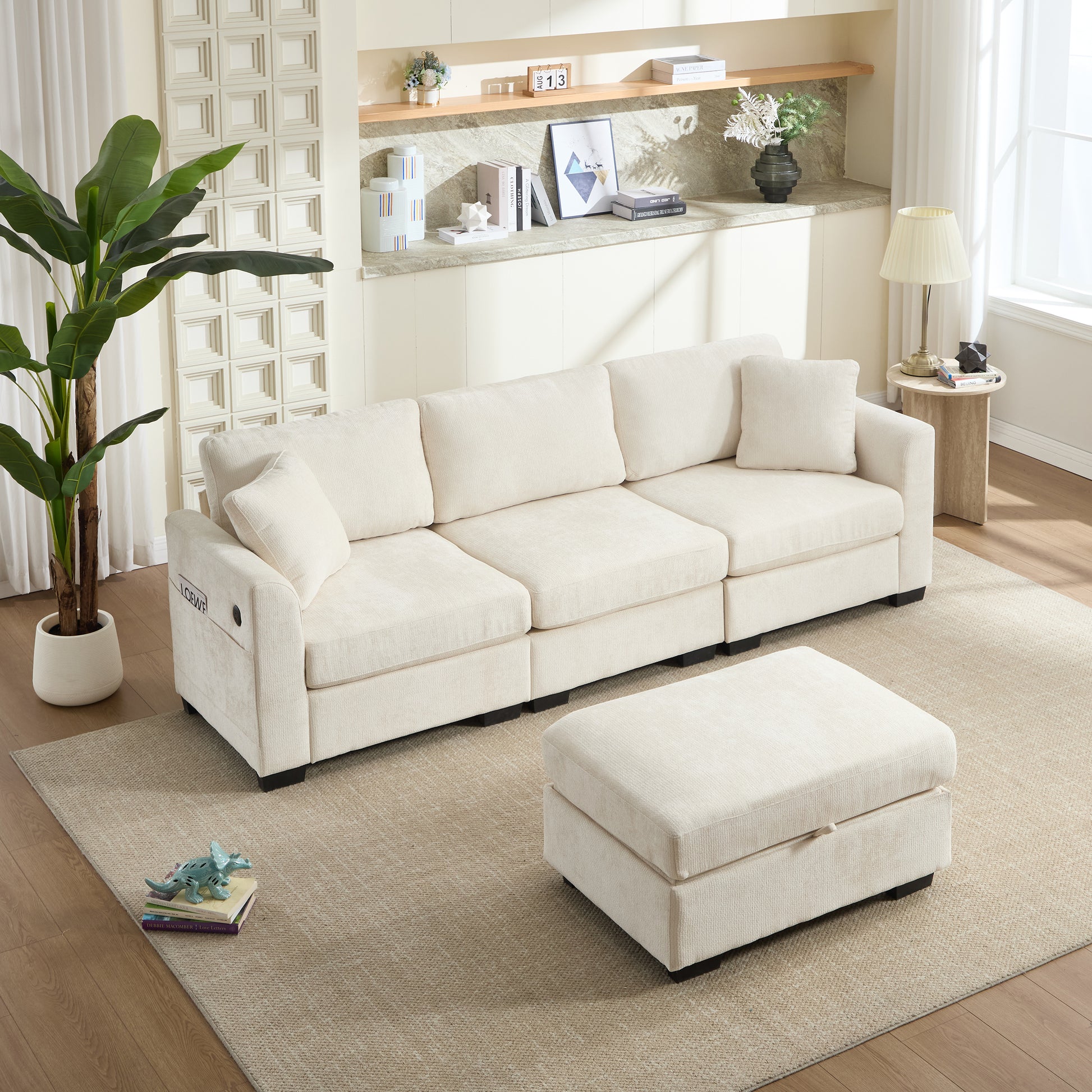 Modern Storage Sofa - Beige, 4-Seat Ottoman