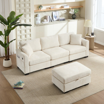 Modern Storage Sofa - Beige, 4-Seat Ottoman