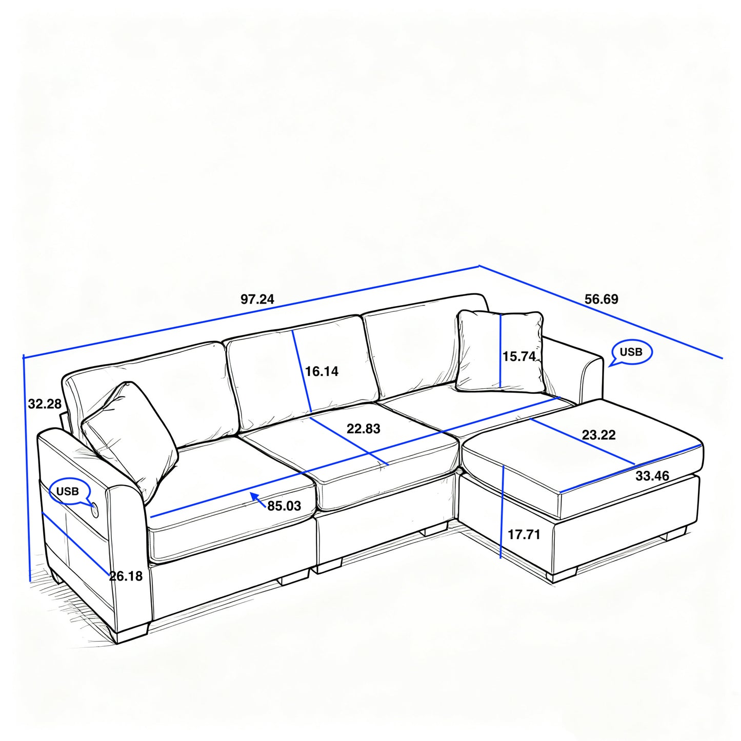 Modern Storage Sofa - Beige, 4-Seat Ottoman