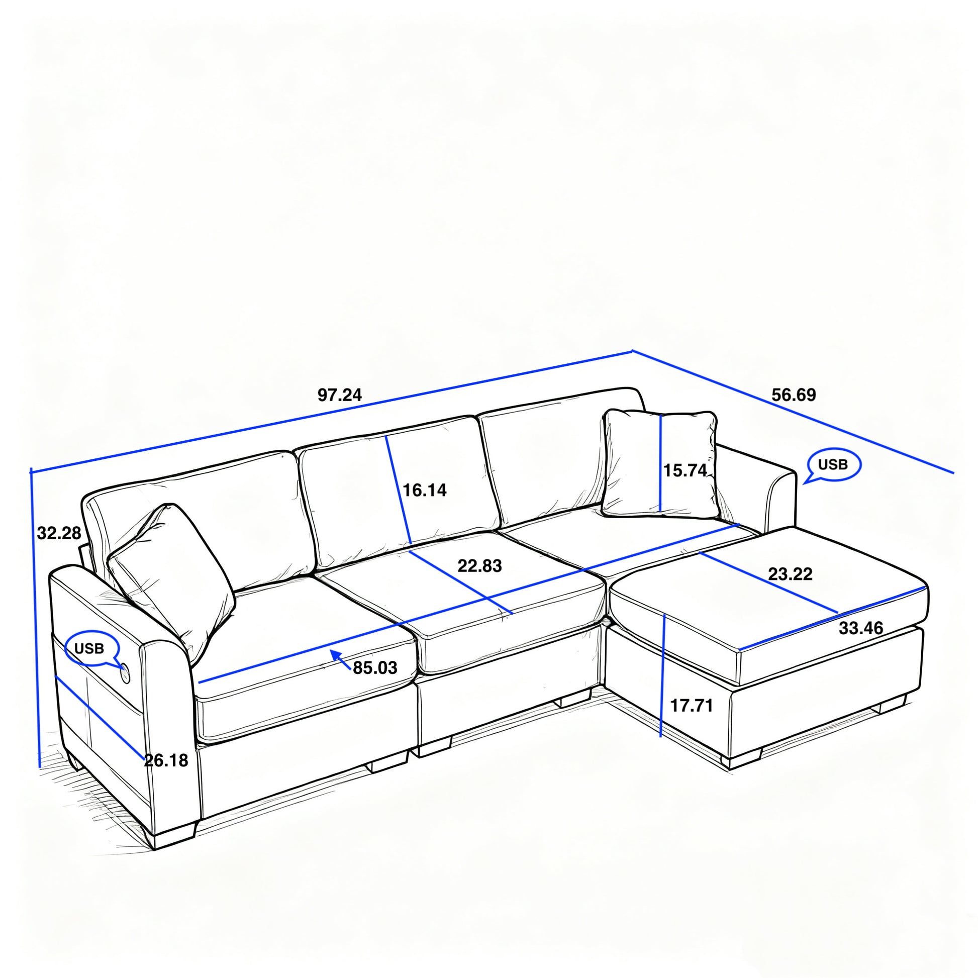 Modern Storage Sofa - Beige, 4-Seat Ottoman