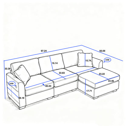 Modern Storage Sofa - Beige, 4-Seat Ottoman