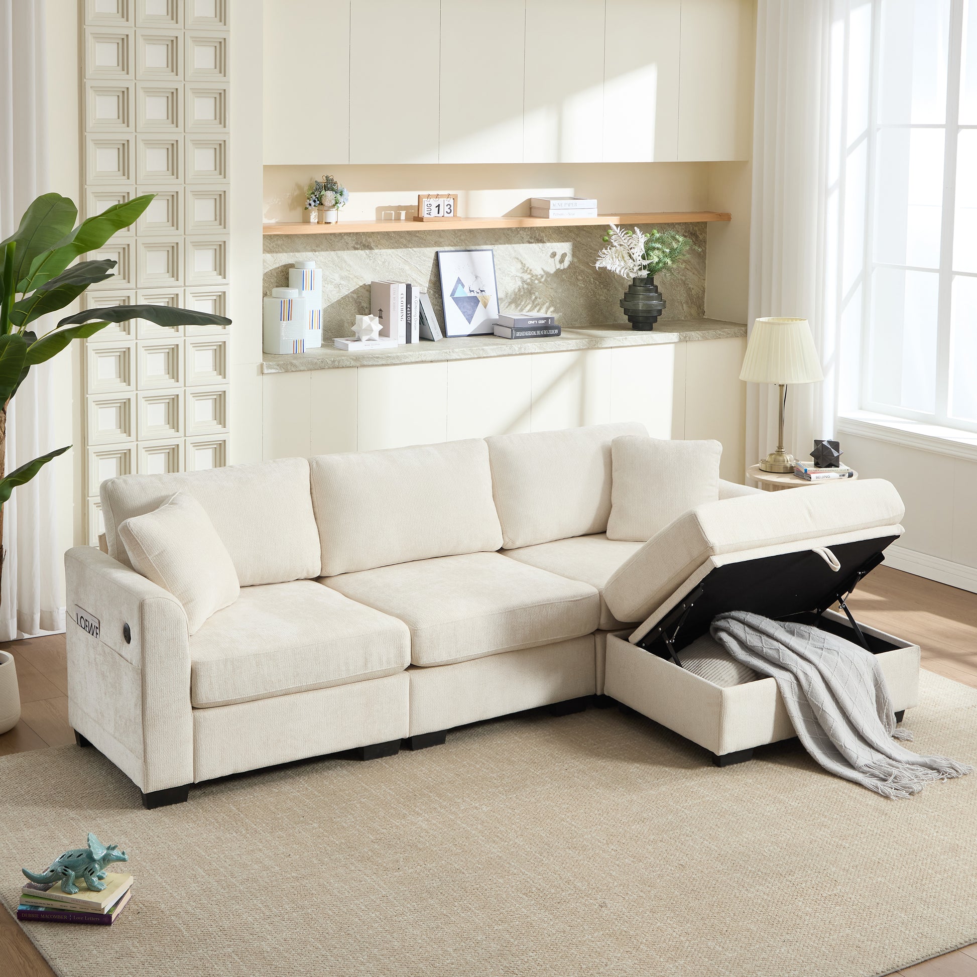 Modern Storage Sofa with Dual USB, 2 Side Pockets,Ottoman Storage Bench Cloud Sectional Chenille Sofa Oversized,4-Seat, L-Shaped Couch,Beige