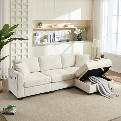 Modern Storage Sofa with Dual USB, 2 Side Pockets,Ottoman Storage Bench Cloud Sectional Chenille Sofa Oversized,4-Seat, L-Shaped Couch,Beige
