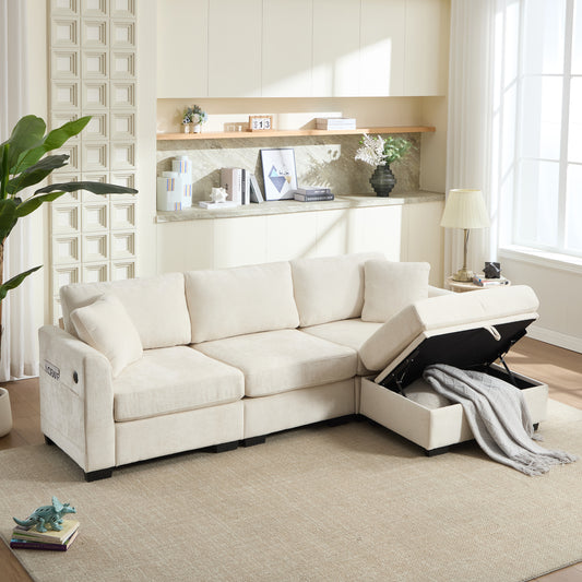 Modern Storage Sofa with Dual USB, 2 Side Pockets,Ottoman Storage Bench Cloud Sectional Chenille Sofa Oversized,4-Seat, L-Shaped Couch,Beige