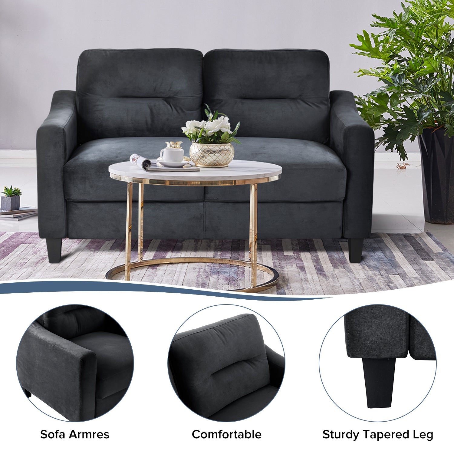 Black Velvet 2 Seat Sofa for Modern Living Room Comfort