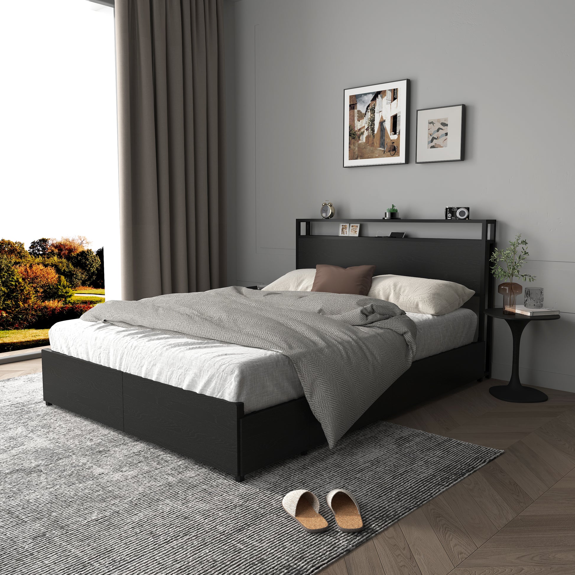 Full Size Bed Frame with Storage Headboard - Black MDF Metal