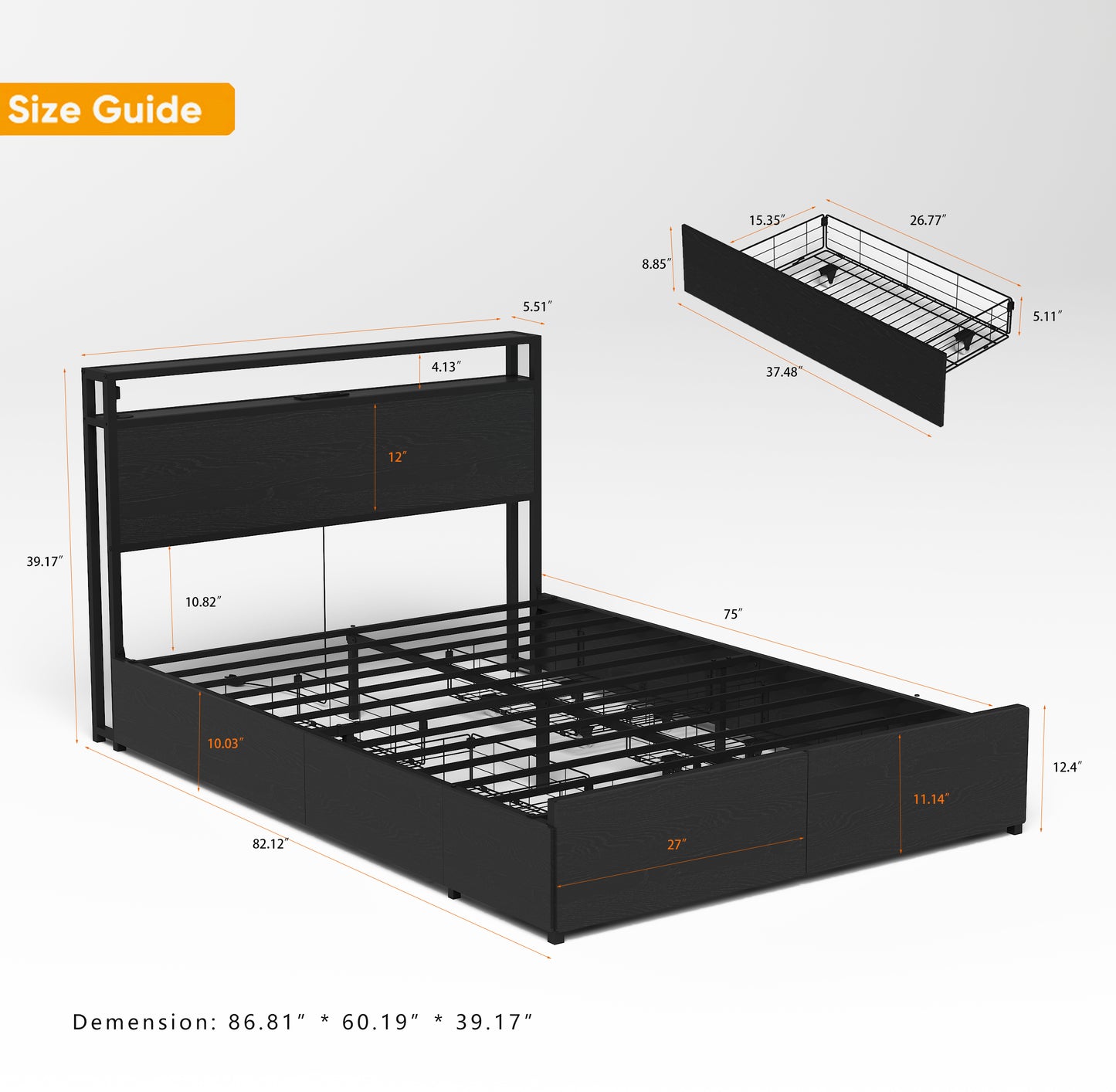 Full Size Bed Frame with Storage Headboard - Black MDF Metal