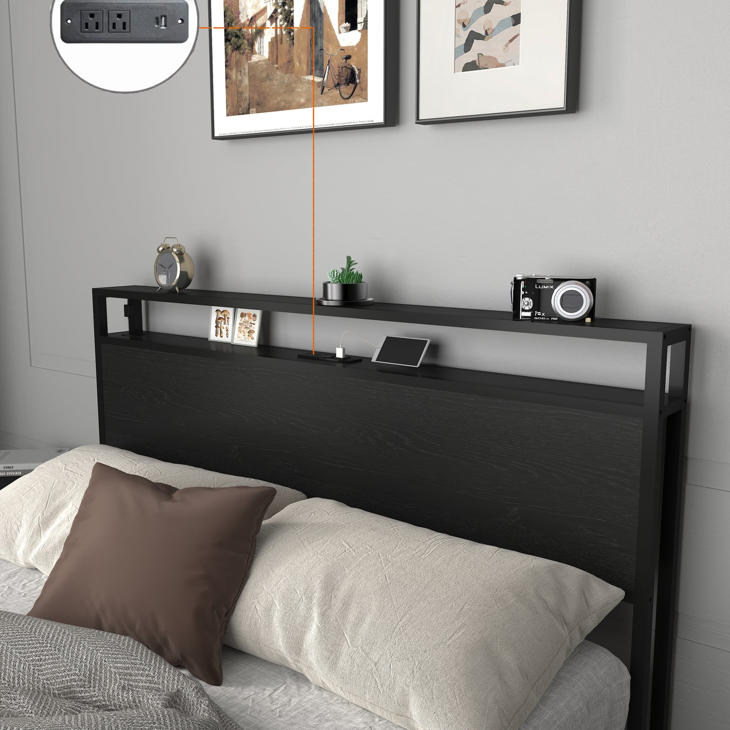 Full Size Bed Frame with Storage Headboard - Black MDF Metal