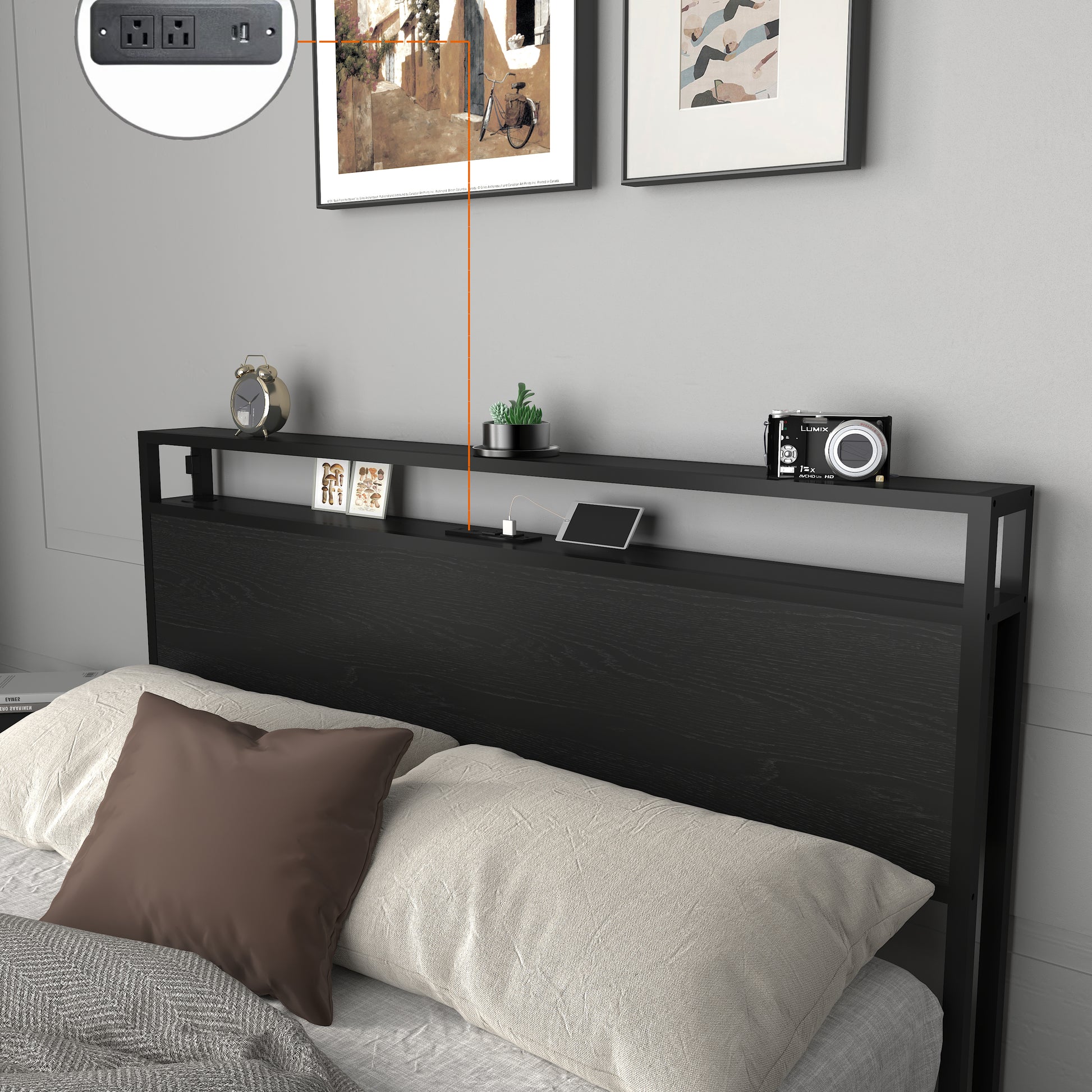 Full Size Bed Frame with Storage Headboard - Black MDF Metal