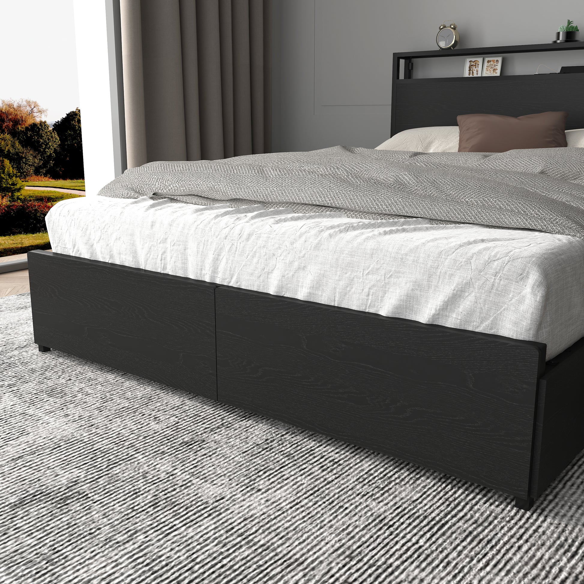 Full Size Bed Frame with Storage Headboard - Black MDF Metal