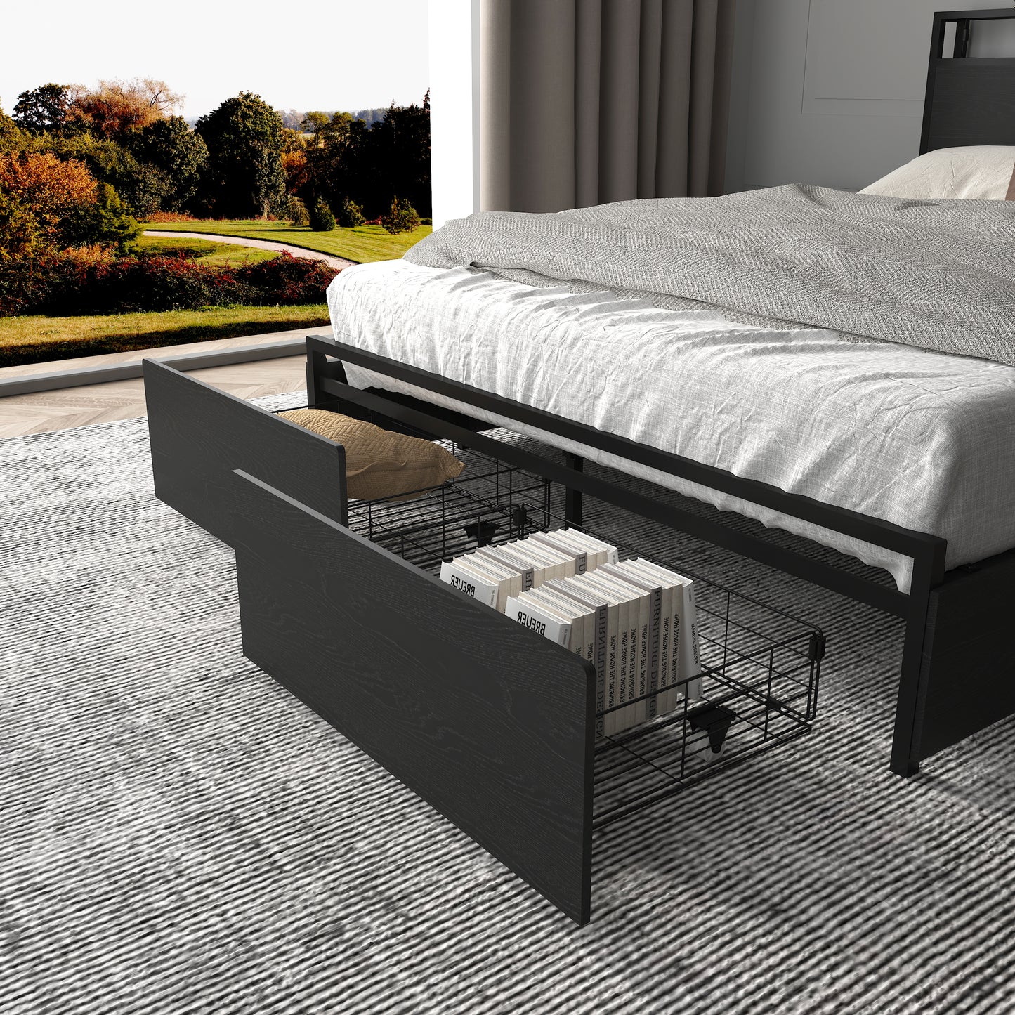 Full Size Bed Frame with Storage Headboard - Black MDF Metal