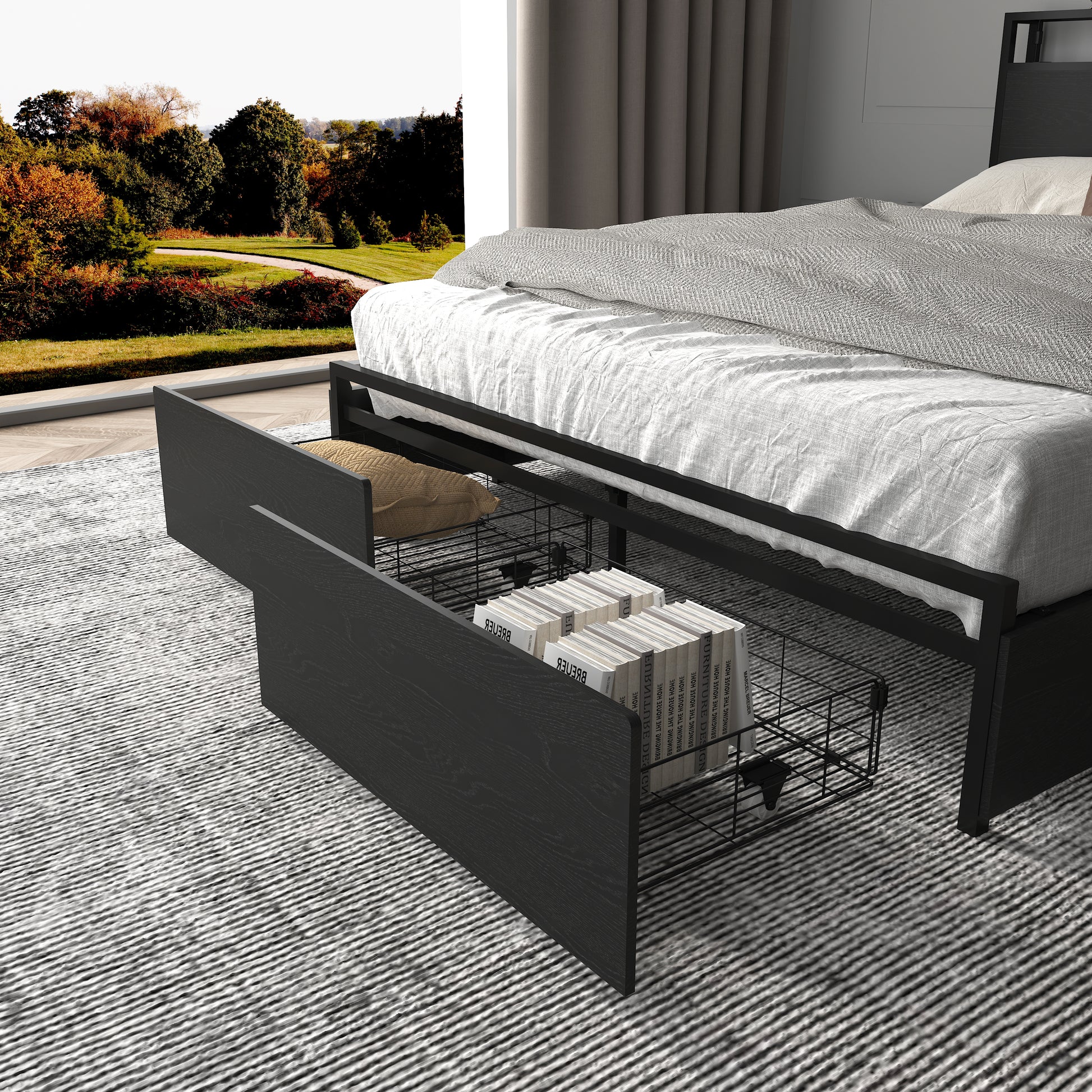 Full Size Bed Frame with Storage Headboard - Black MDF Metal
