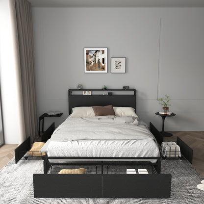 Full Bed Frame, Storage Headboard with Charging Station, Solid and Stable, Noise Free, No Box Spring Needed, Easy Assembly