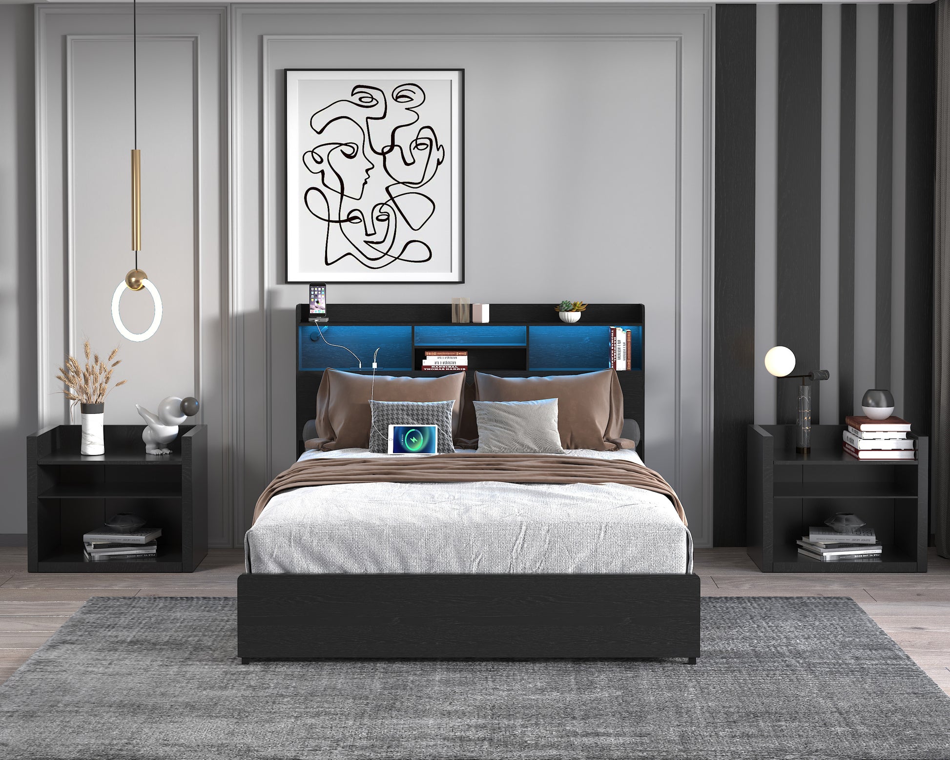 Full Bed Frame with 4 Storage Drawers Full Bed Frame with Headboard and Storage Shelf, Storage Bed with Led and Charging Station, No Noise,No Box Springs Needed,Black