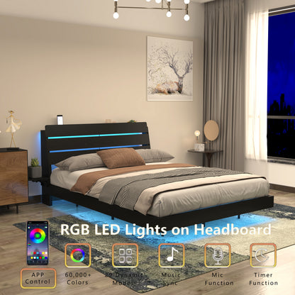 Floating Queen Bed Frame with LED Lights & Charging for Bedroom