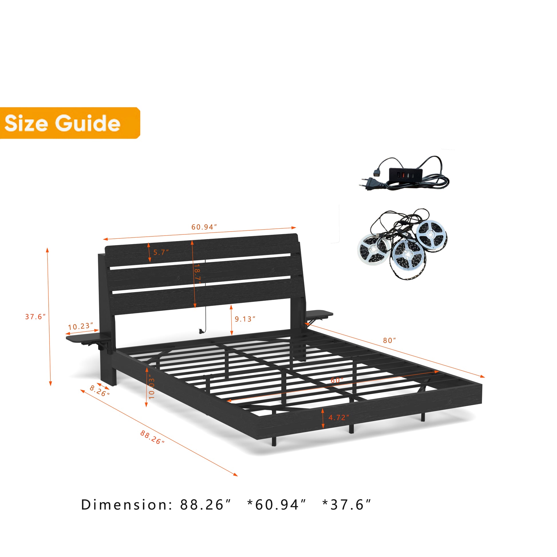 Floating Queen Bed Frame with LED Lights & Charging for Bedroom