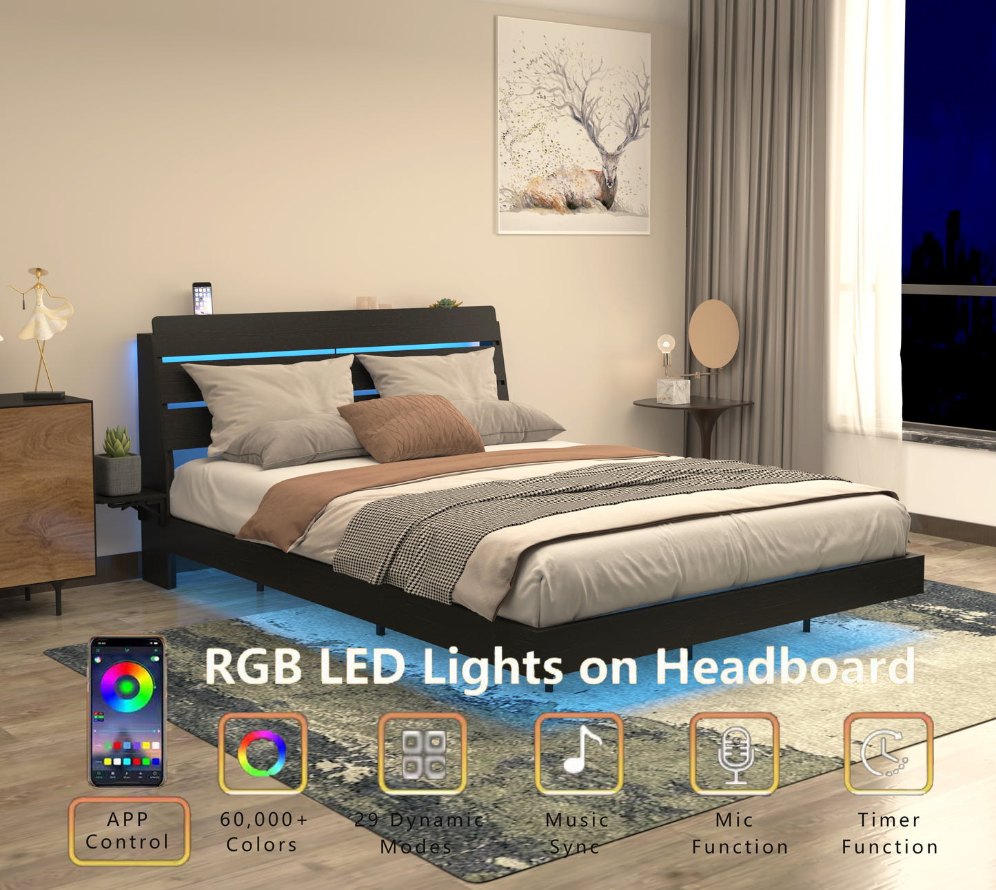 Floating Queen Bed Frame with LED Lights & Charging for Bedroom