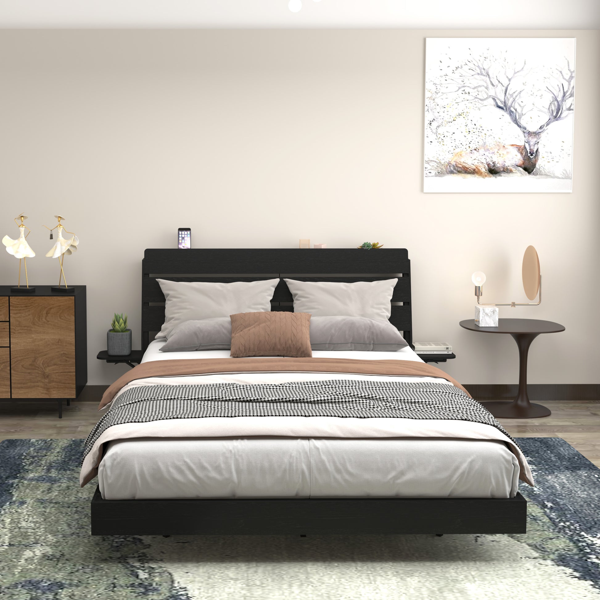 Floating Queen Bed Frame with LED Lights & Charging for Bedroom