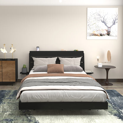 Floating Queen Bed Frame with LED Lights & Charging for Bedroom