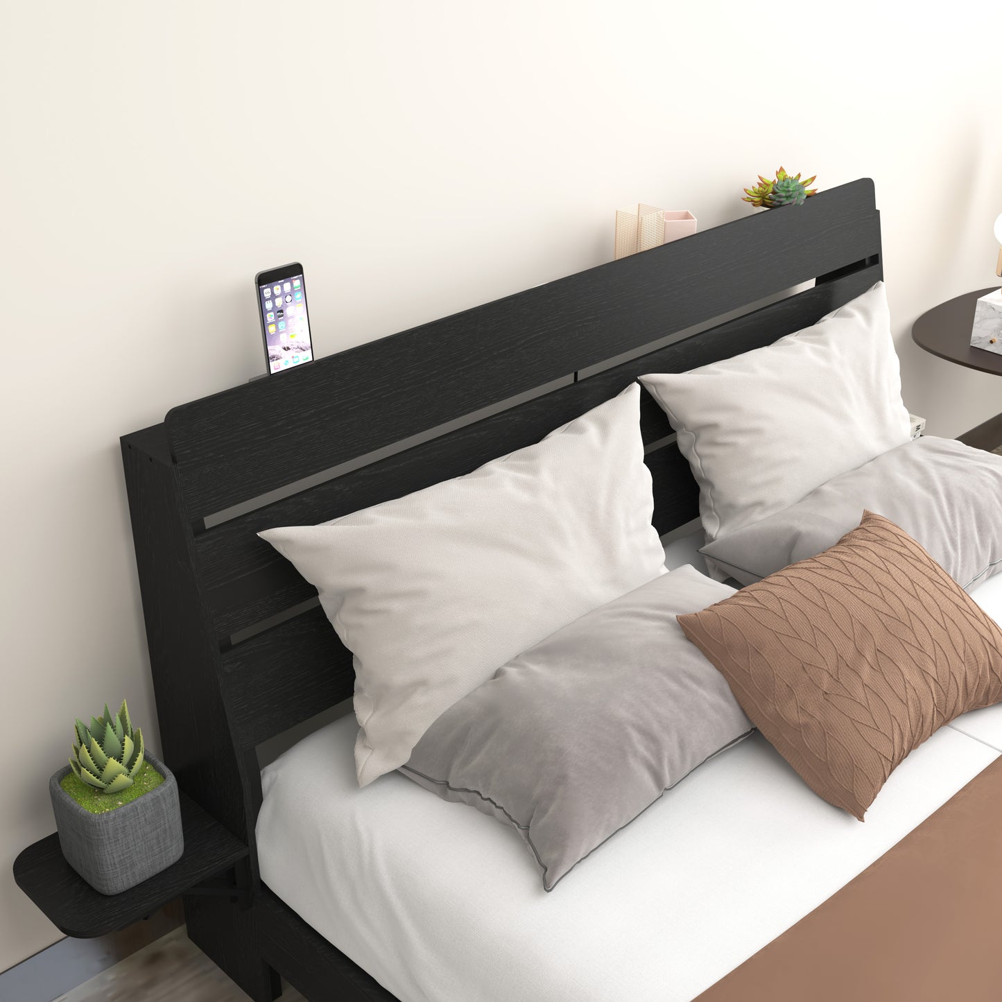 Floating Queen Bed Frame with LED Lights & Charging for Bedroom