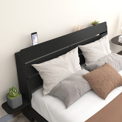 Floating Queen Bed Frame with LED Lights & Charging for Bedroom